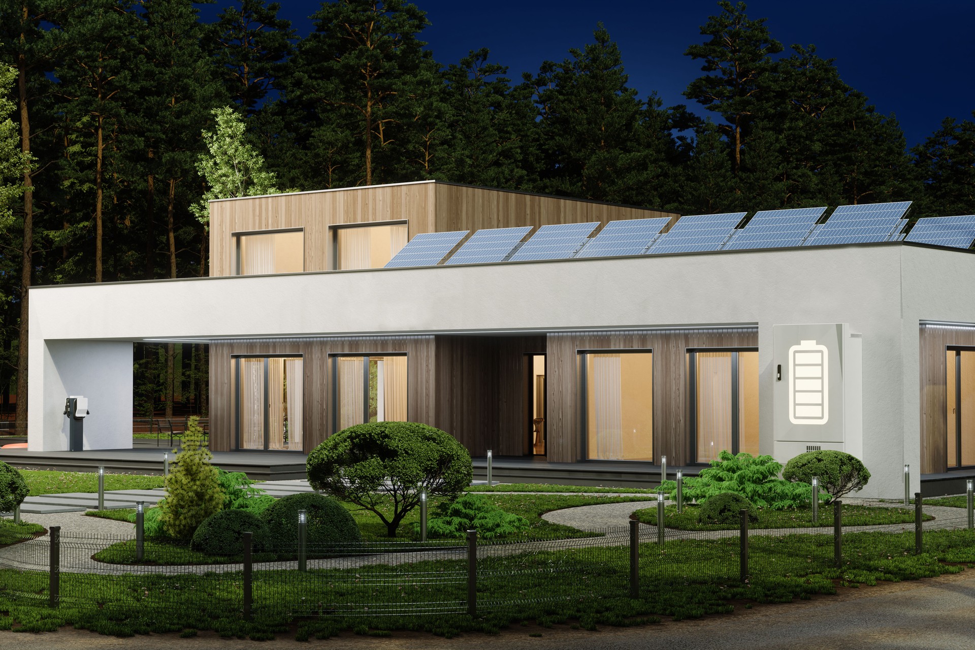 Modern Villa Exterior With Home Battery Storage System On Building Facade And Solar Panels On The Roof